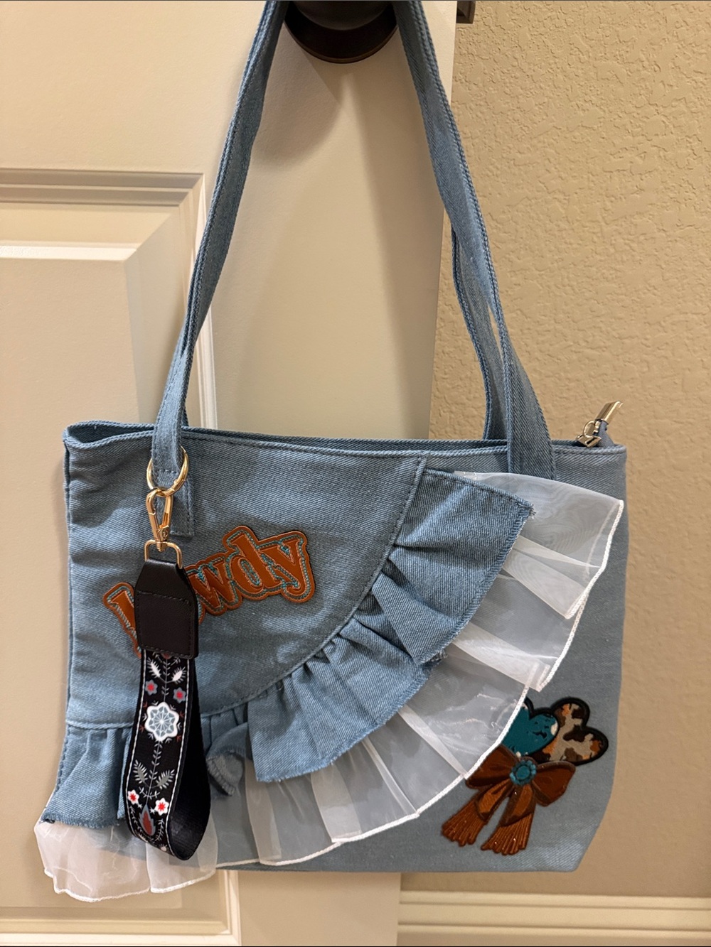 Denim Ruffle Tote Bag with Decorative Patches - One of a Kind